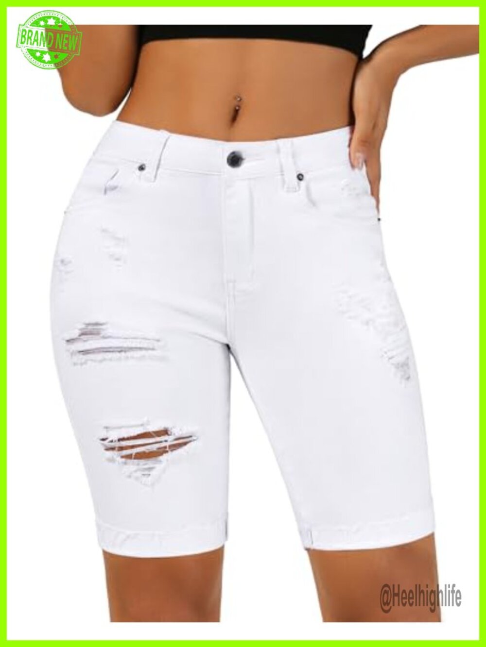 High Waisted Stretchy Ripped Cuffed Bermuda Denim Shorts